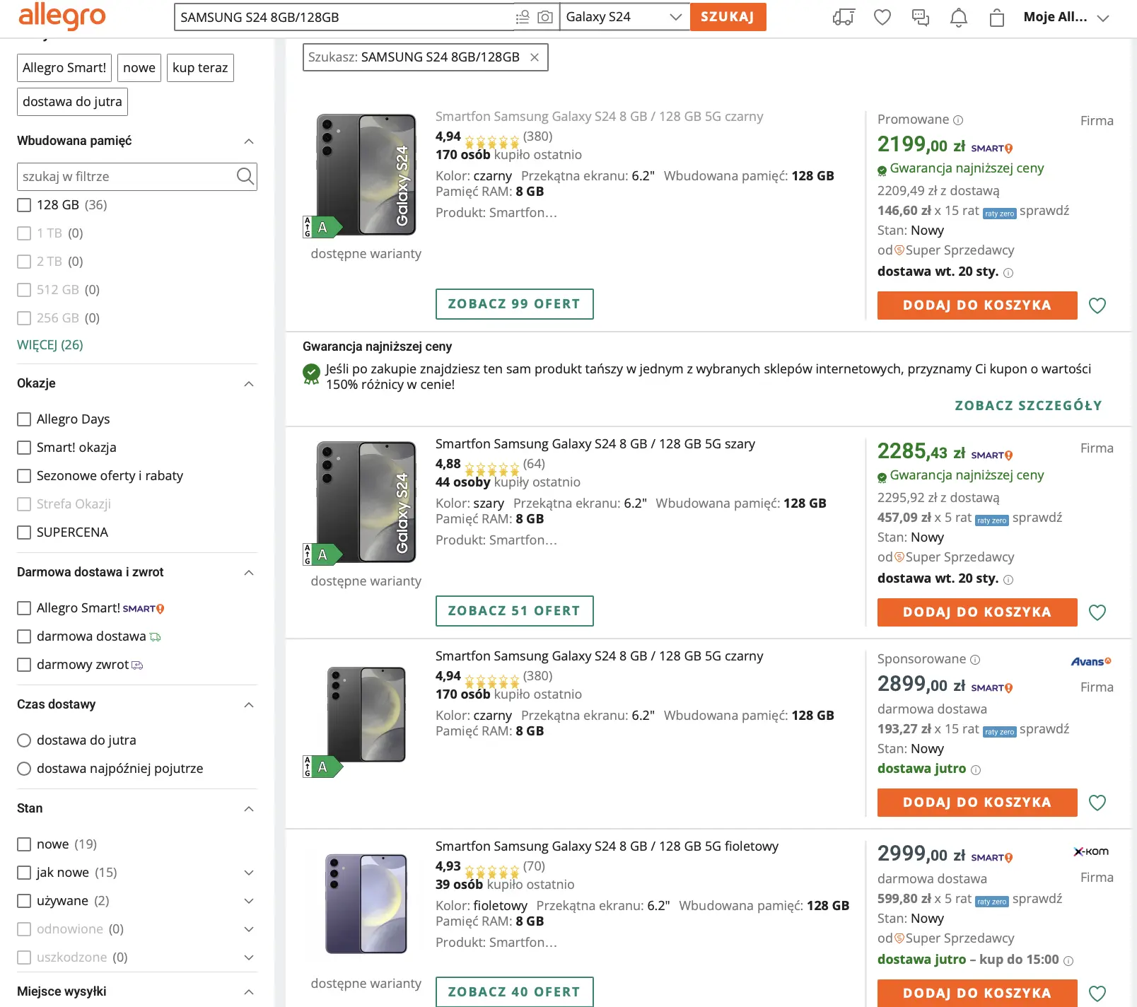 Analiza cen na Allegro marketplace - lista konkurencyjnych ofert z cenami i opcjami filtrowania